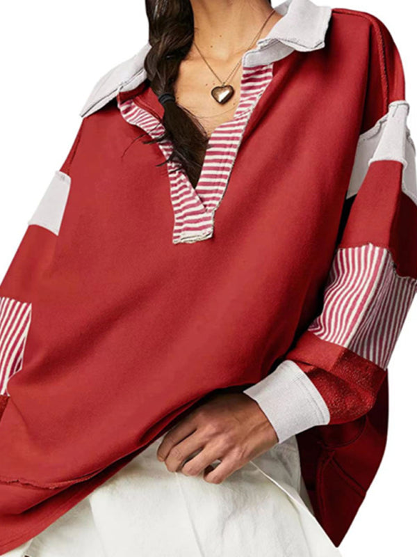 Women’s loose V-neck casual long-sleeved patchwork sweatshirt