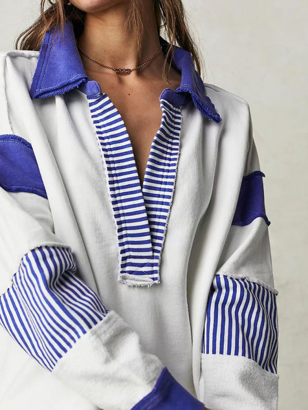 Women’s loose V-neck casual long-sleeved patchwork sweatshirt - White / S
