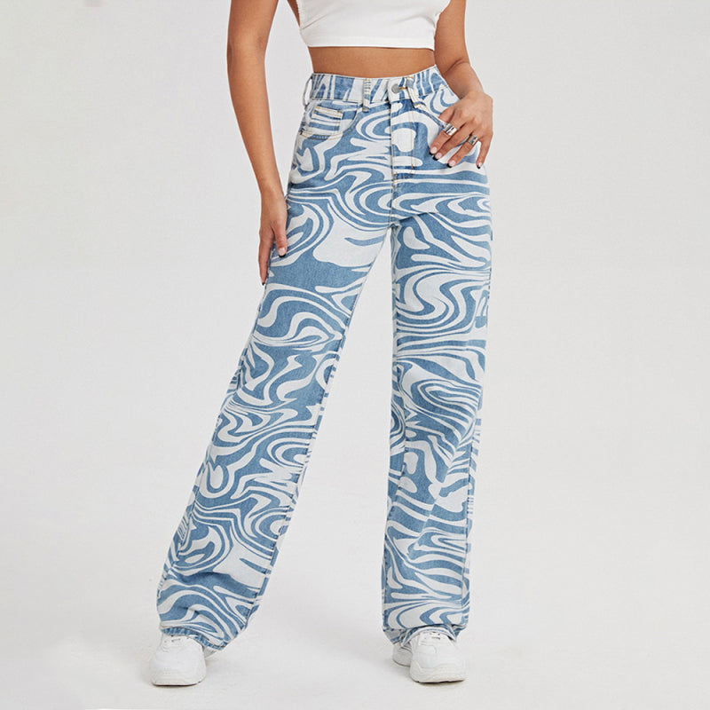Women’s loose water ripple printed straight denim trousers - Blue / XS