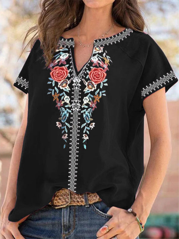 Women’s loose western ethnic style top short-sleeved t-shirt - Pattern1 / S