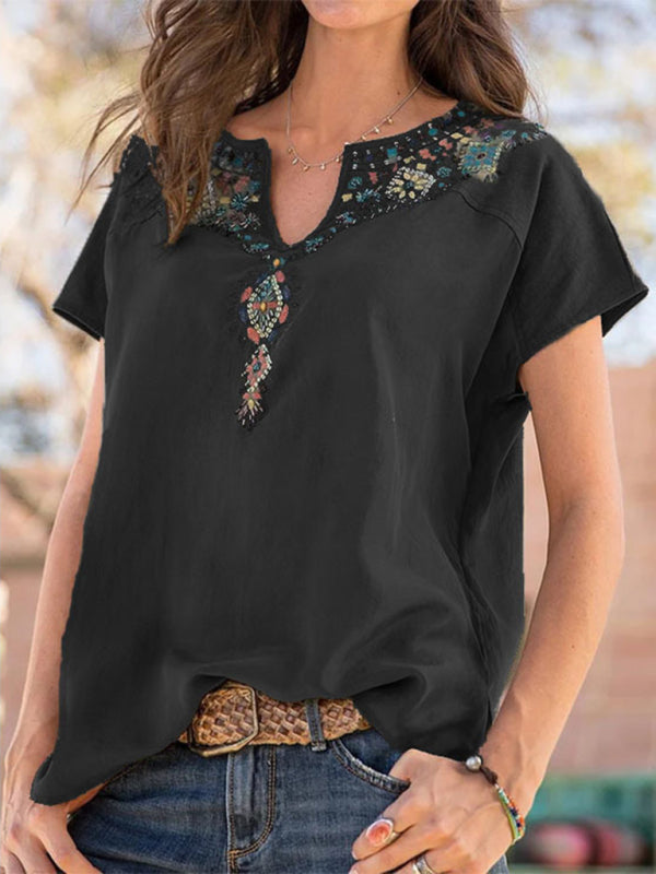 Women’s loose western ethnic style top short-sleeved t-shirt - Pattern2 / S