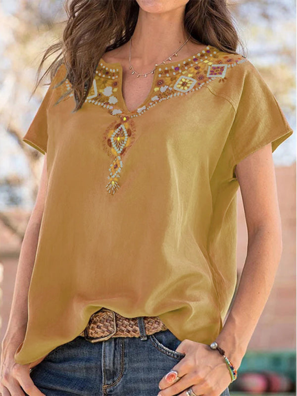 Women’s loose western ethnic style top short-sleeved t-shirt - Pattern3 / S