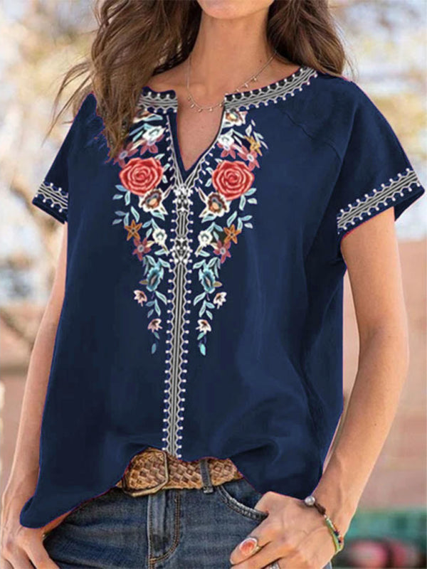 Women’s loose western ethnic style top short-sleeved t-shirt - Pattern4 / S