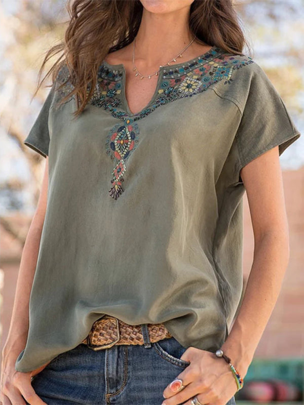 Women’s loose western ethnic style top short-sleeved t-shirt - Pattern5 / S