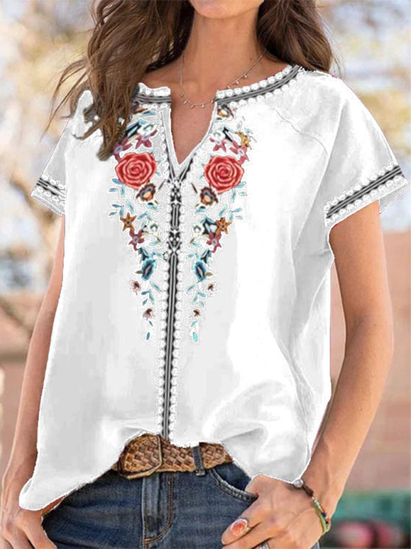 Women’s loose western ethnic style top short-sleeved t-shirt - Pattern6 / S