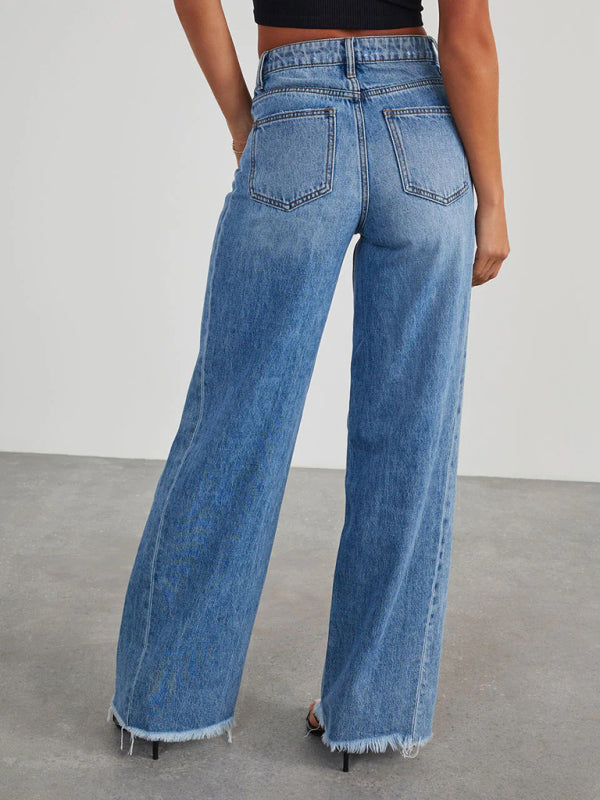 Women’s Loose Wide Leg Side Seam Paneled Frayed Hem Jeans