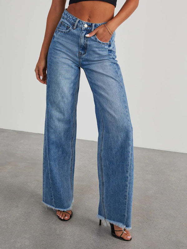 Women’s Loose Wide Leg Side Seam Paneled Frayed Hem Jeans