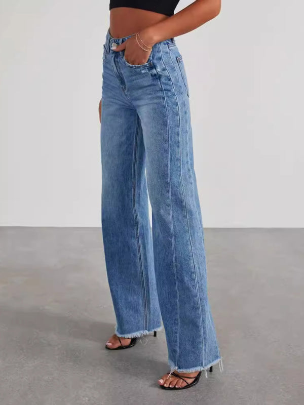 Women’s Loose Wide Leg Side Seam Paneled Frayed Hem Jeans