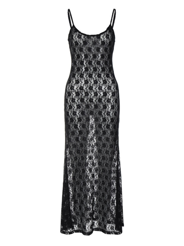 Women’s mesh suspender sexy backless long dress