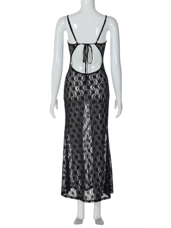 Women’s mesh suspender sexy backless long dress