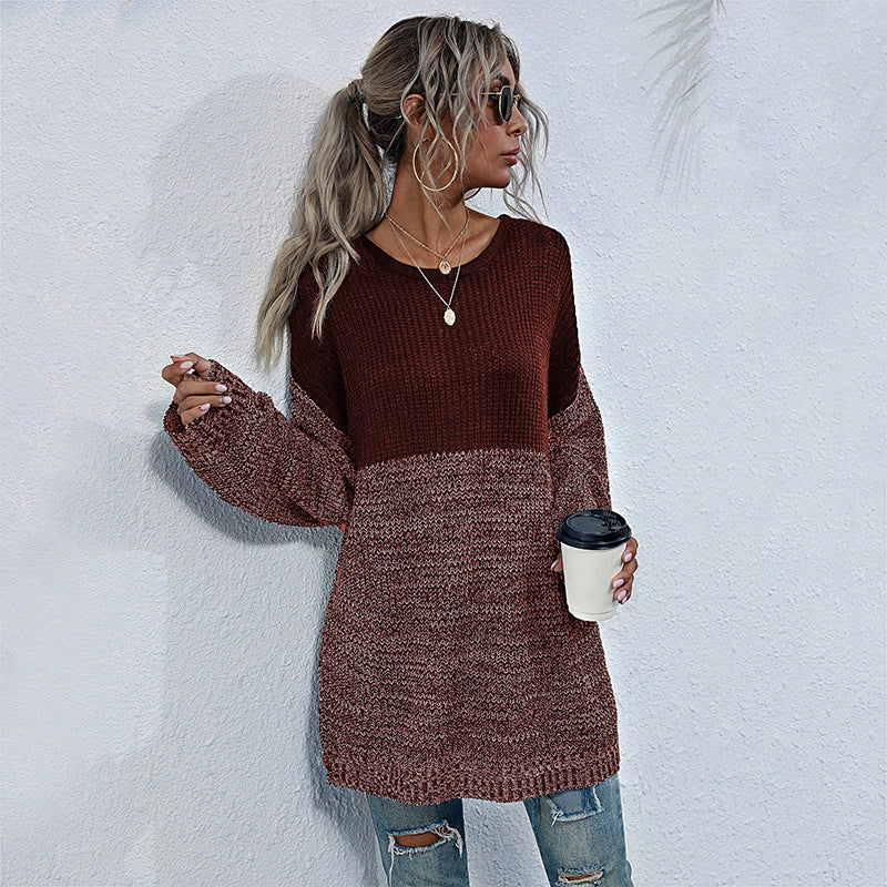 women’s mid-length long sleeve knitted sweater - Wine Red / S