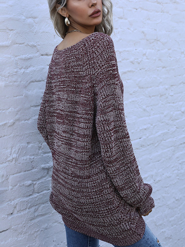 Women’s Mid Length Mixed Color Long Sleeve Loose V-Neck Sweater