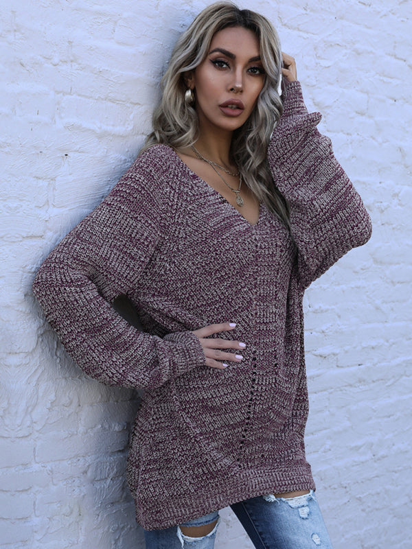 Women’s Mid Length Mixed Color Long Sleeve Loose V-Neck Sweater