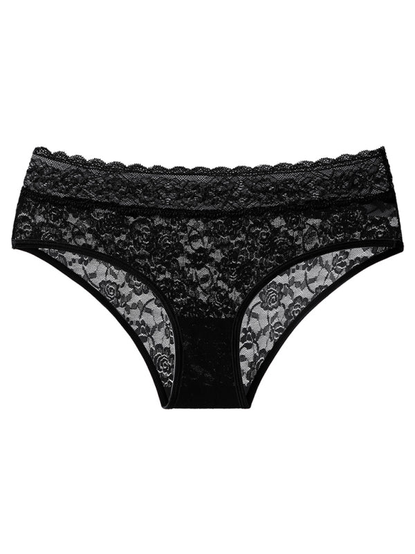 Women’s mid-rise sexy lace comfortable breathable briefs - Black / S
