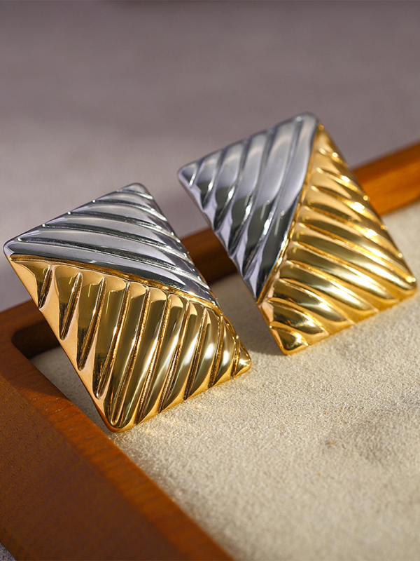 Women’s minimalist square texture gold and silver color matching earrings - Golden / FREESIZE