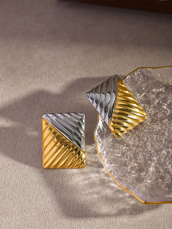 Women’s minimalist square texture gold and silver color matching earrings - Golden / FREESIZE