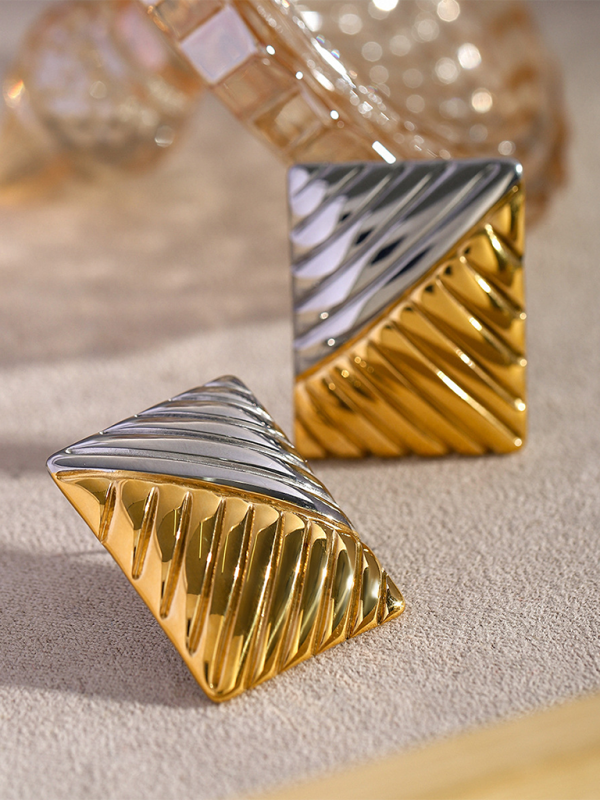 Women’s minimalist square texture gold and silver color matching earrings - Golden / FREESIZE