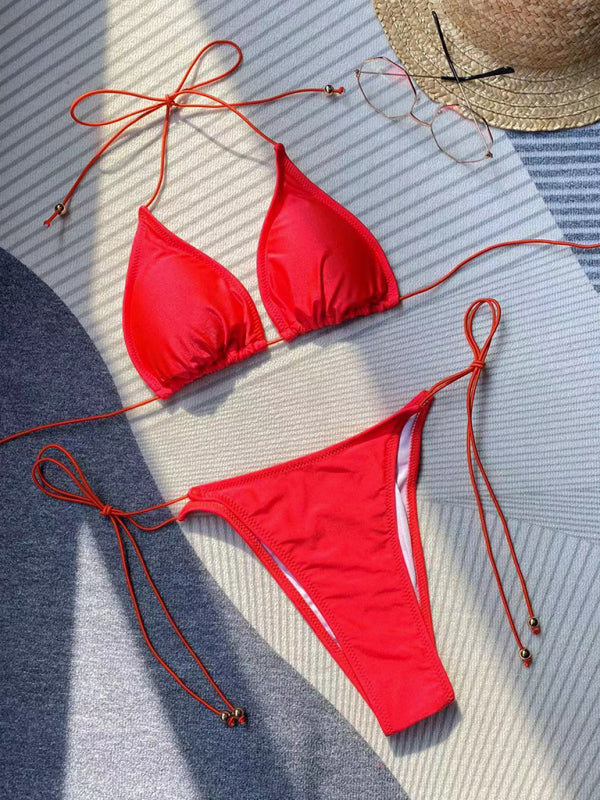 Women’s new bikini solid color rope strap sexy swimsuit