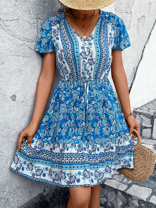 Women’s new bohemian v-neck ethnic style floral dress - Blue / S