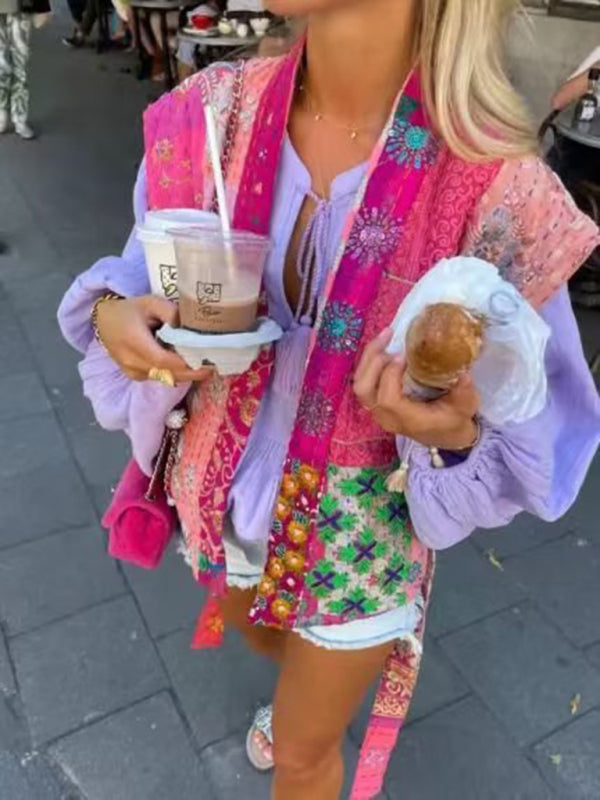 Women’s new casual printed cotton vest - Pink / XS