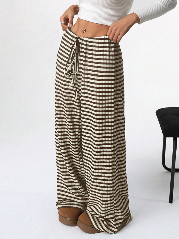 Women’s new casual striped solid color rubber band drawstring straight leg pants