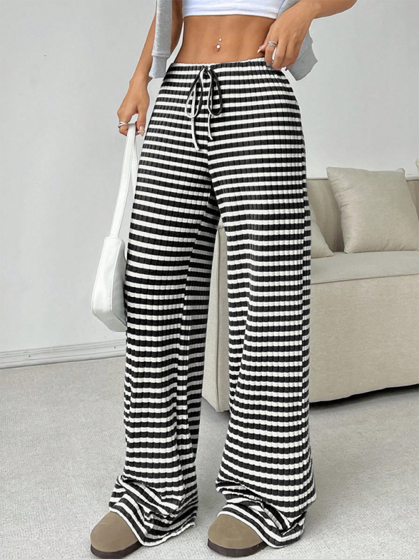 Women’s new casual striped solid color rubber band drawstring straight leg pants - White / S