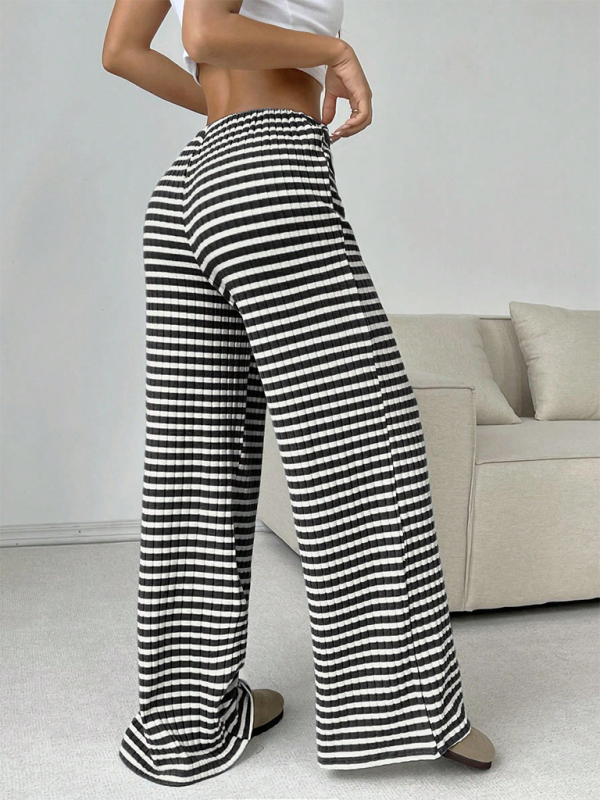Women’s new casual striped solid color rubber band drawstring straight leg pants