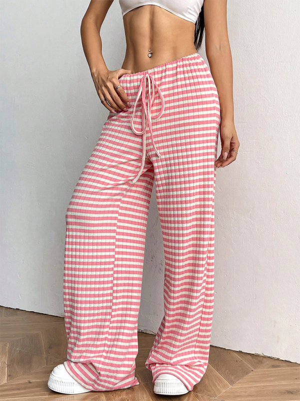 Women’s new casual striped solid color rubber band drawstring straight leg pants