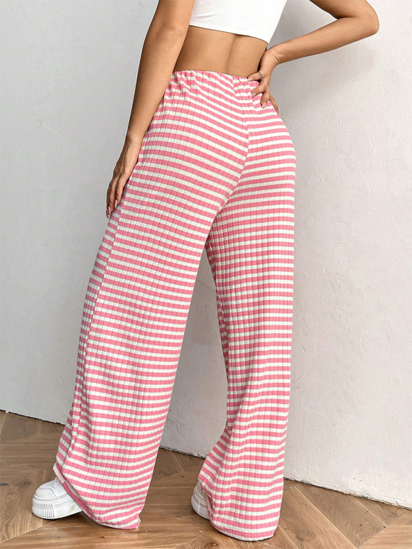 Women’s new casual striped solid color rubber band drawstring straight leg pants