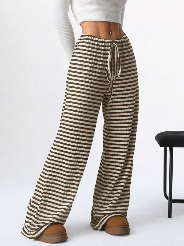 Women’s new casual striped solid color rubber band drawstring straight leg pants