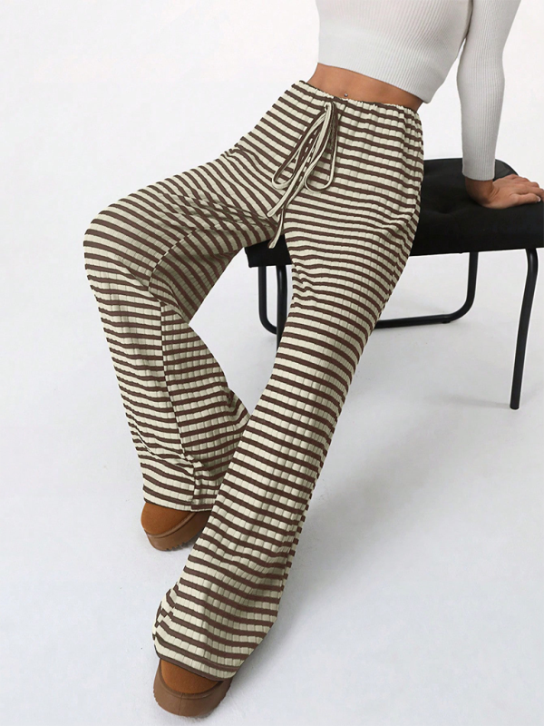 Women’s new casual striped solid color rubber band drawstring straight leg pants - Brown / S