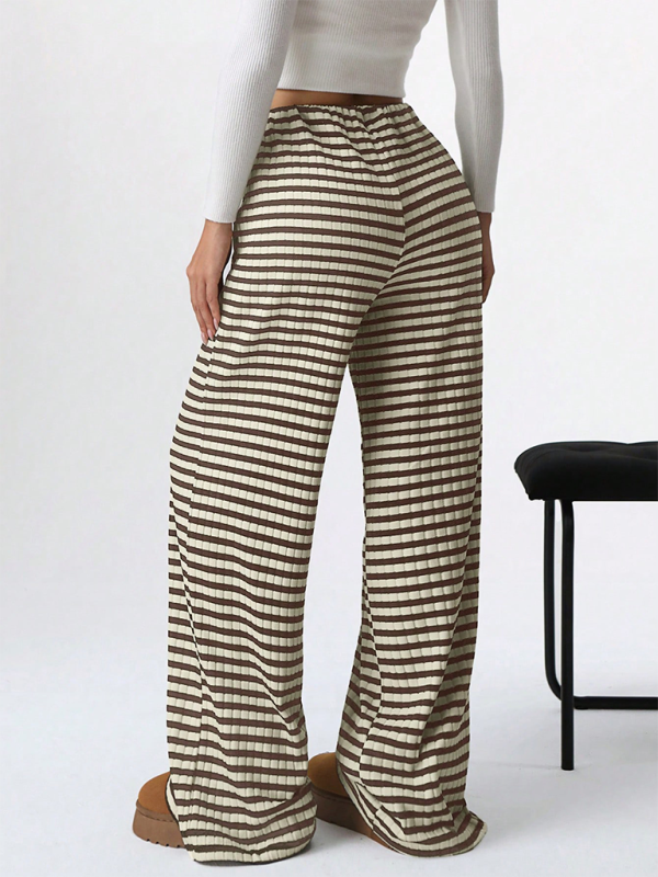 Women’s new casual striped solid color rubber band drawstring straight leg pants