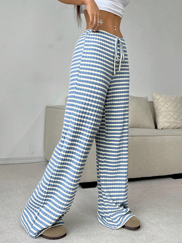 Women’s new casual striped solid color rubber band drawstring straight leg pants