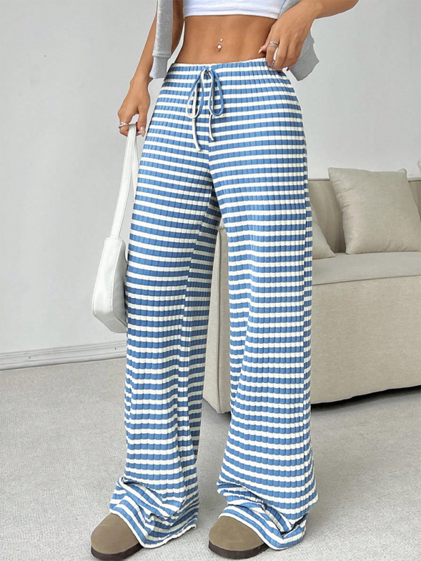 Women’s new casual striped solid color rubber band drawstring straight leg pants - Blue / S