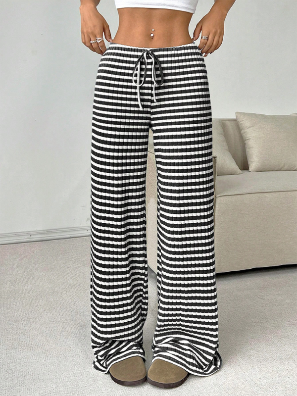 Women’s new casual striped solid color rubber band drawstring straight leg pants