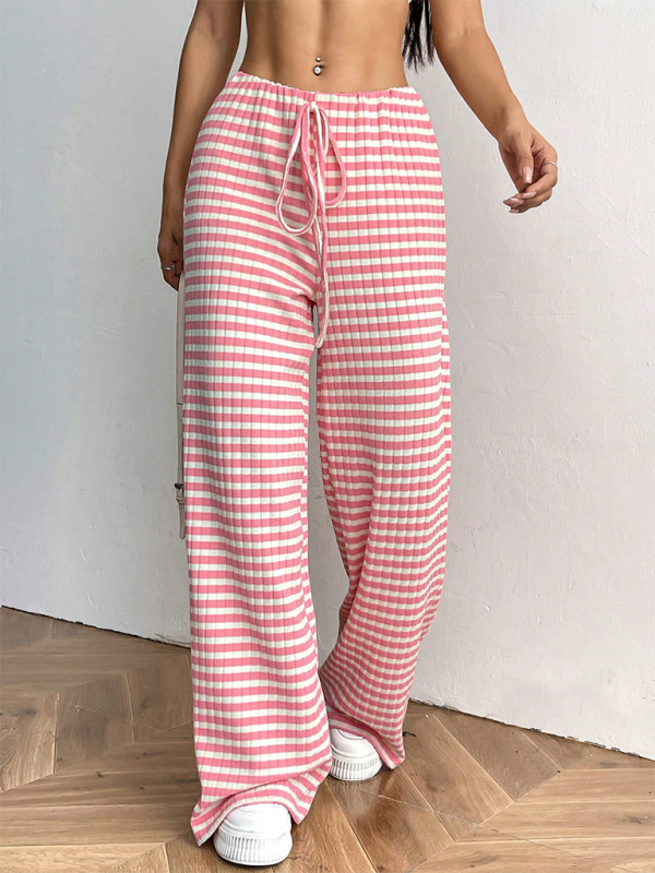 Women’s new casual striped solid color rubber band drawstring straight leg pants - Pink / S