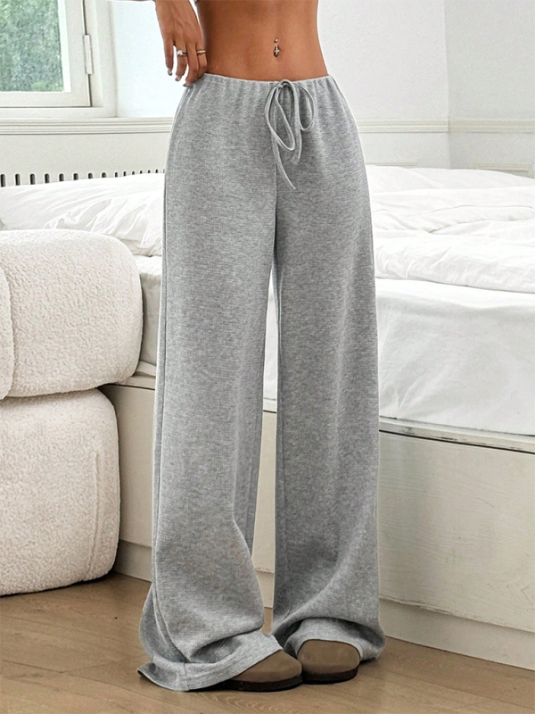 Women’s new casual striped solid color rubber band drawstring straight leg pants - Misty grey / S