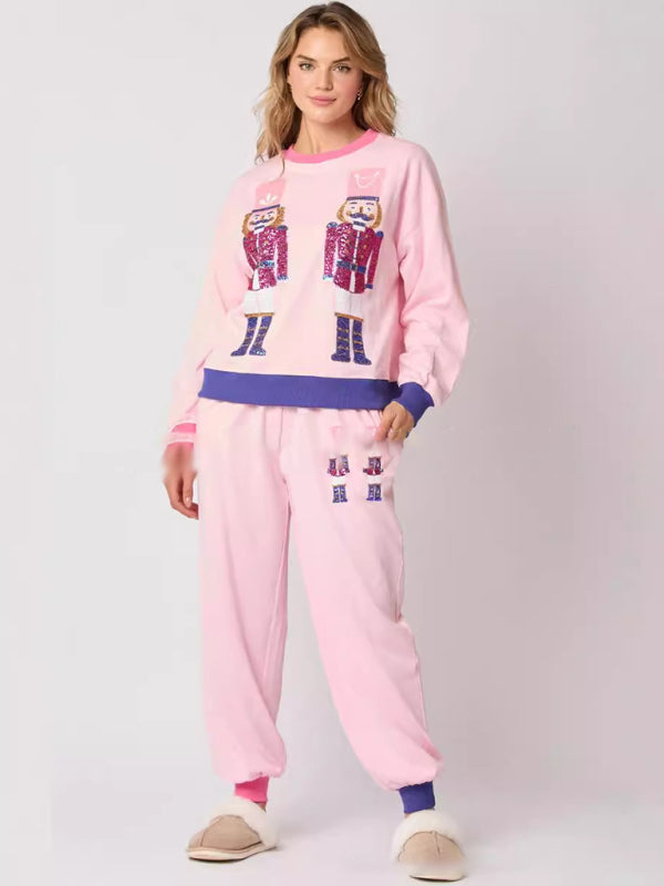 Women’s New Christmas Soldier Sequin Colorblock Fashion Casual Sweater Two-piece Suit - Pink / S