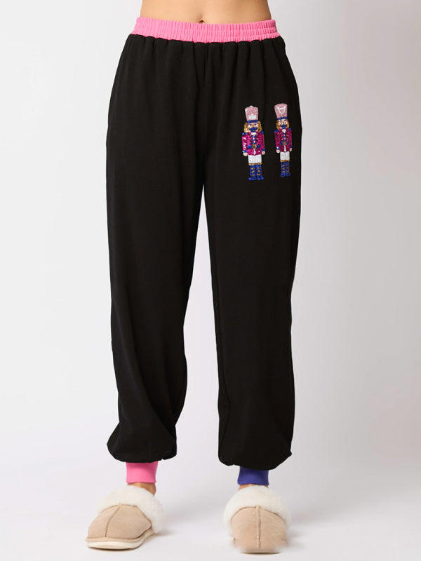 Women’s New Christmas Soldier Sequin Colorblock Fashion Casual Sweater Two-piece Suit