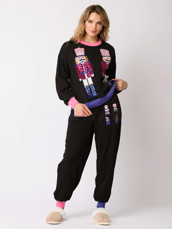 Women’s New Christmas Soldier Sequin Colorblock Fashion Casual Sweater Two-piece Suit - Black / S