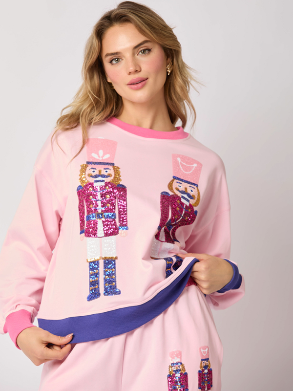 Women’s New Christmas Soldier Sequins Color Blocking Fashion Casual Sweatshirt Two Piece Set