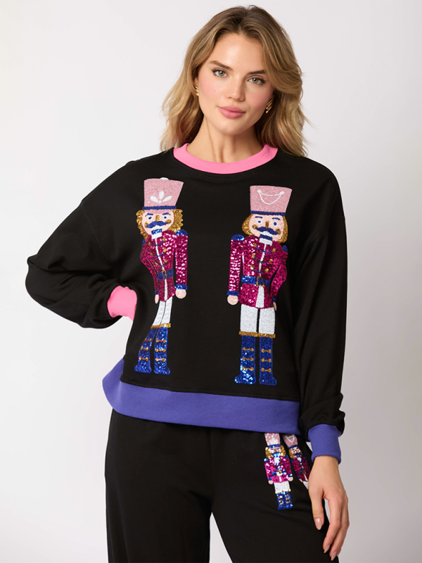 Women’s New Christmas Soldier Sequins Color Blocking Fashion Casual Sweatshirt Two Piece Set - Black / S