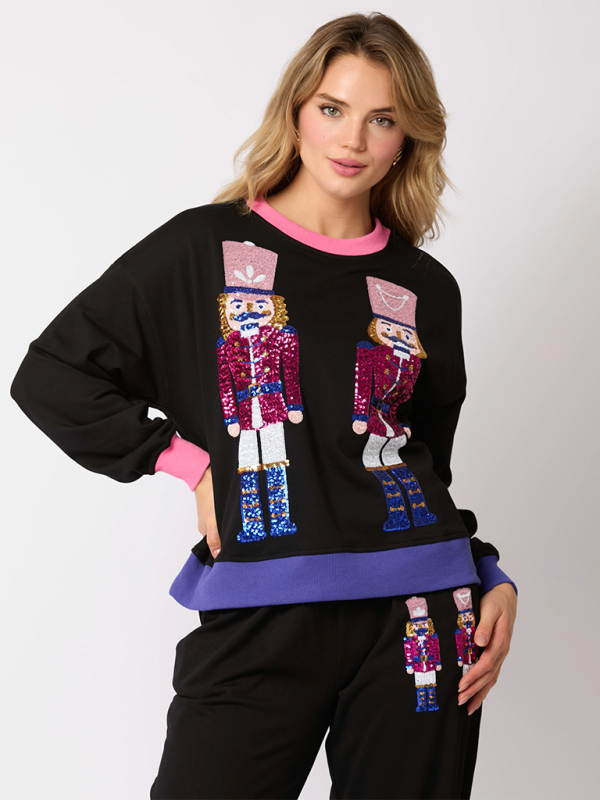 Women’s New Christmas Soldier Sequins Color Blocking Fashion Casual Sweatshirt Two Piece Set