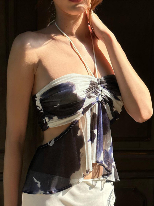Women’s new color matching pleated fashion print halter neck tube top - Purplish blue navy / S