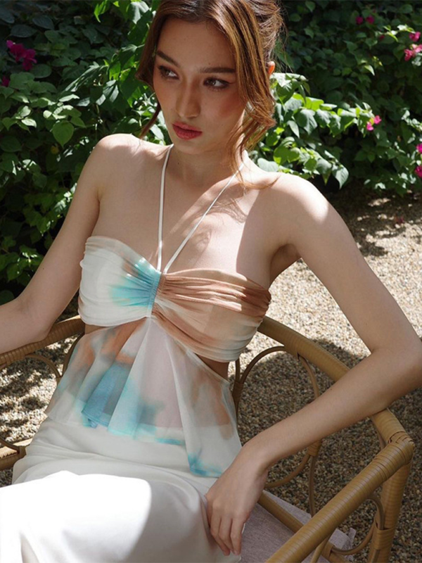Women’s new color matching pleated fashion print halter neck tube top