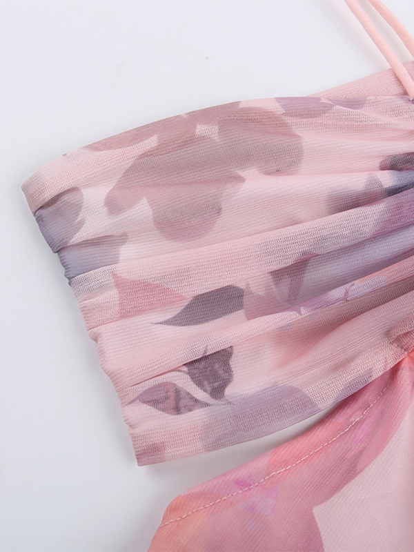 Women’s new color matching pleated fashion print halter neck tube top