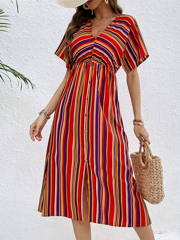 Women’s New Colorful Striped Casual V-Neck Button High Waist Dress - Red / S