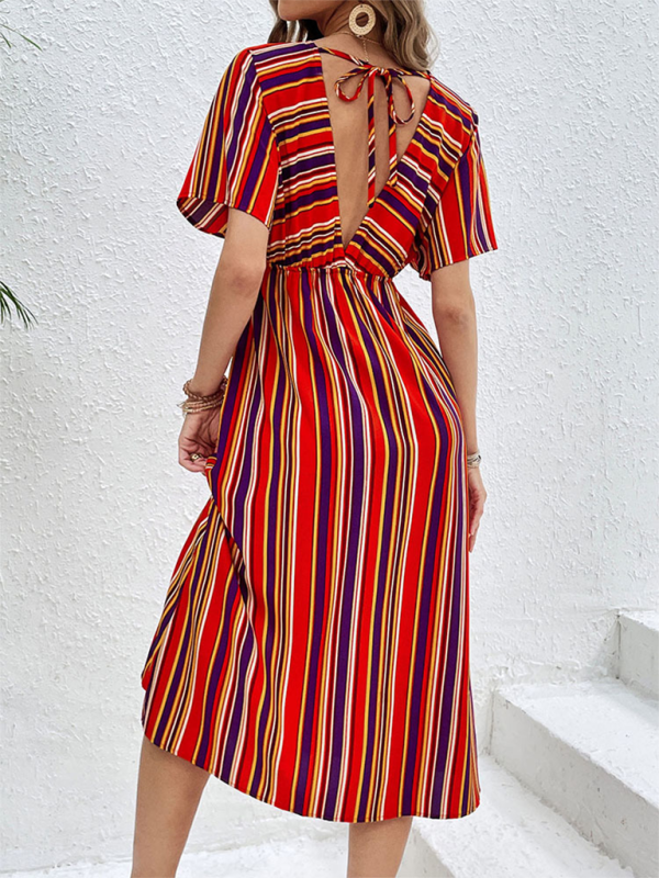 Women’s New Colorful Striped Casual V-Neck Button High Waist Dress