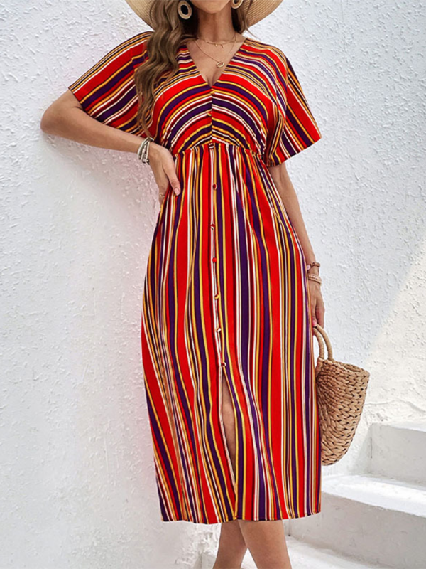 Women’s New Colorful Striped Casual V-Neck Button High Waist Dress