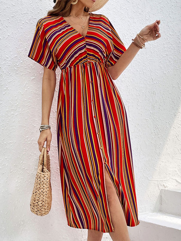 Women’s New Colorful Striped Casual V-Neck Button High Waist Dress